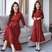 2019 phụ nữ mới mùa xuân phong cách Trung Quốc retro Một chiếc váy dài tay in chữ Hàn Quốc váy đáy phong cách Hồng Kông - A-Line Váy mẫu đầm xòe dài qua gối