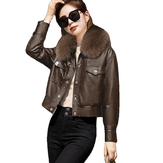 Fashionable motorcycle jacket plus fleece leather short jacket for women