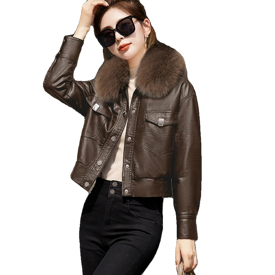 Fashionable motorcycle jacket plus fleece leather short jacket for women