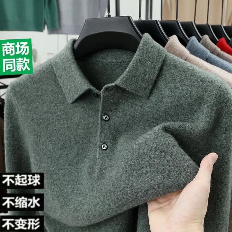 Ordos City Lapel Solid Color Cashmere Sweater for Men, Thickened, Large Size, Middle-Aged Business Casual Knit Base Shirt