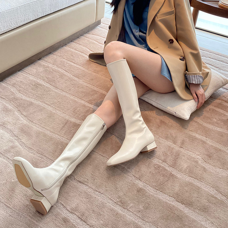Full cowhide Korean white high boots women's genuine leather thin calf boots low heel flat boots women's riding boots