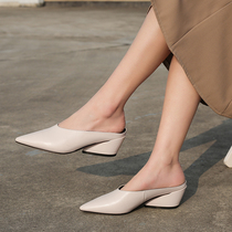 Europe station Baotou slippers pointed coarse heel Fashion Genuine Leather Heel High Heel Shoes Outside Wearing Sandals Mueller Shoes Female Summer Tide