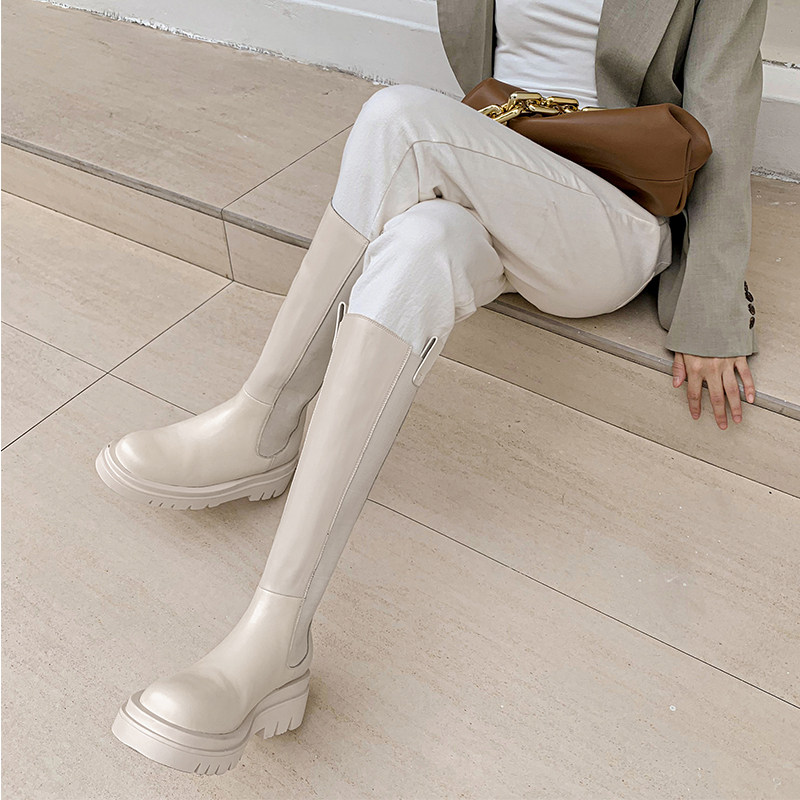 White long boots women's autumn and winter new thick-soled leather riding boots stovepipe chimney but knee-high Martin boots tide