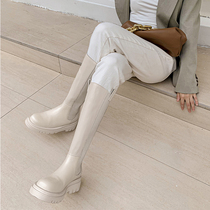 White long cylinder boot female autumn winter new thick bottom genuine leather rider boots slim leg smoke tube though knee-high cylinder Martin boot tide