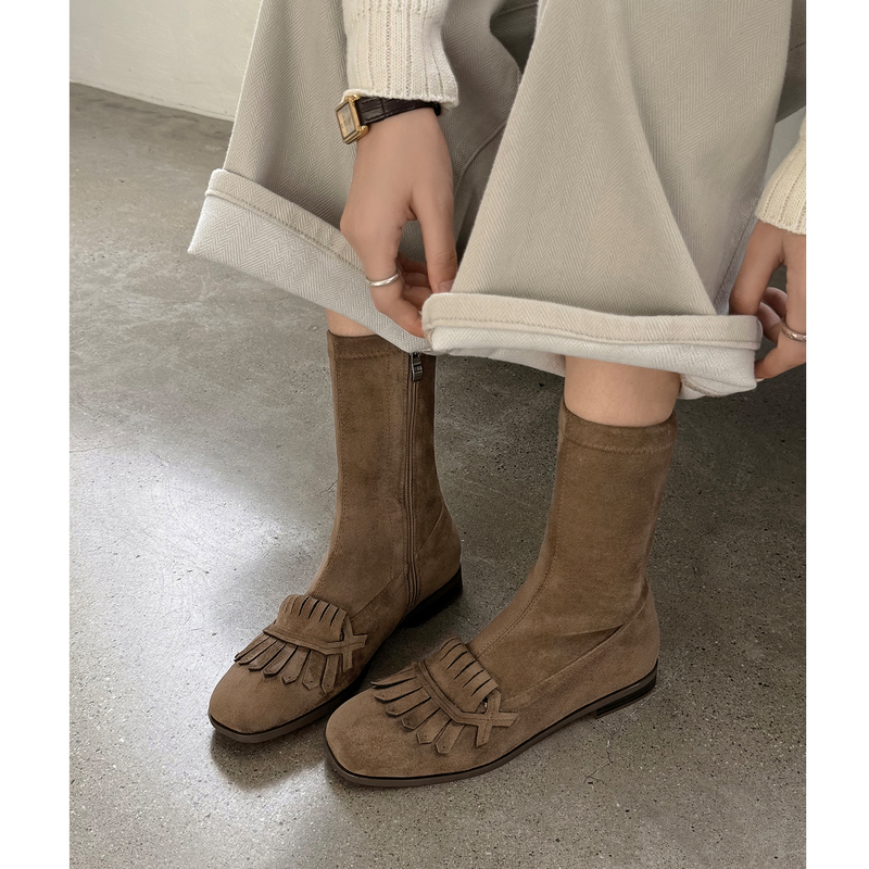 Kmeizu Socialite Style ~ Flat Short Boots for Women, Autumn and Winter Elastic Slim Boots, Tassel Riding Boots, Ankle-Length Sock Boots Kmeizu Socialite Style ~ Flat Short Boots for Women, Autumn and Winter Elastic Slim Boots, Tassel Riding Boots, Ankle-Length Sock Boots