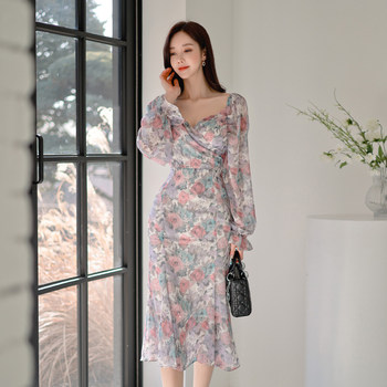 Tea break French dress high-quality chiffon pink floral skirt gentle wind ins waist long skirt female spring and summer