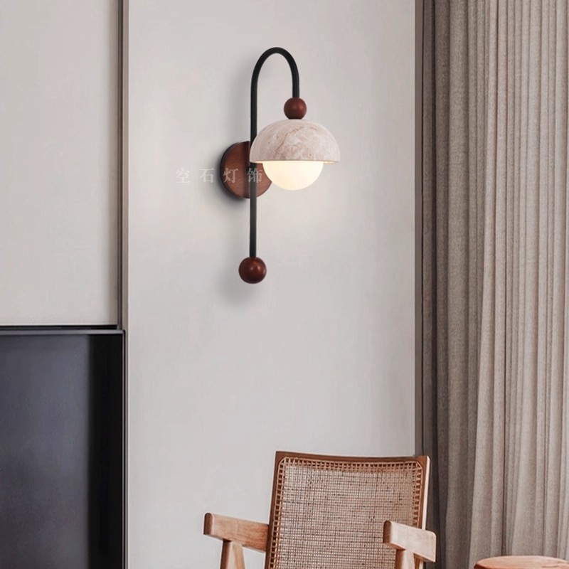 Medieval-Style Yellow Cave Stone Walnut Wood Wall Lamp, Retro Wabi-Sabi Style Living Room, Bedroom, Bedside, Staircase, Corridor Atmosphere Lighting Fixtures