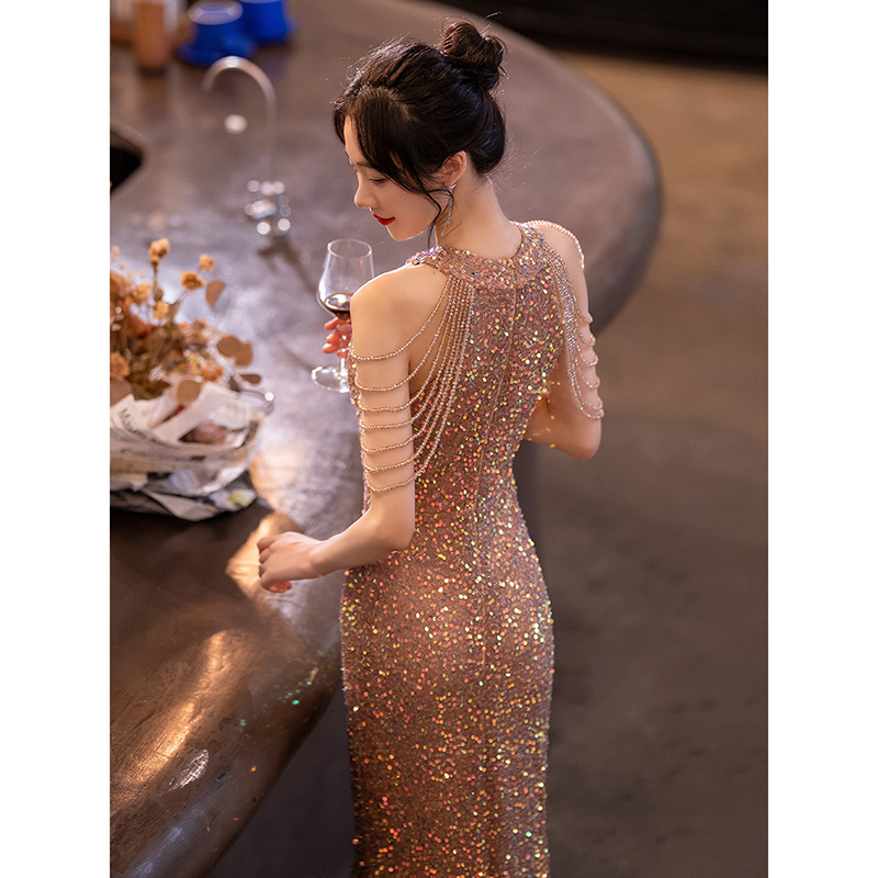 Golden Evening Dress Lady 2023 New Autumn Winter High-end Light Lavish Luxury annual meeting to host shiny fish tail skirts-Taobao