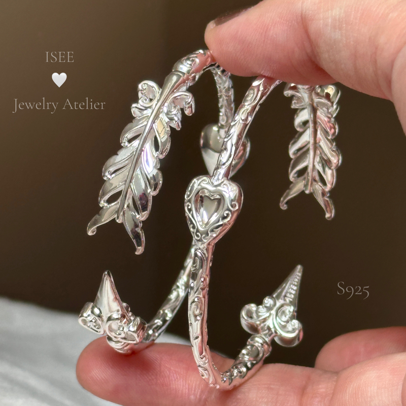 I Saw the Isee Original Cupid Feather Arrow Heart Bracelet S925 Silver Handmade Niche Designer Open Bracelet