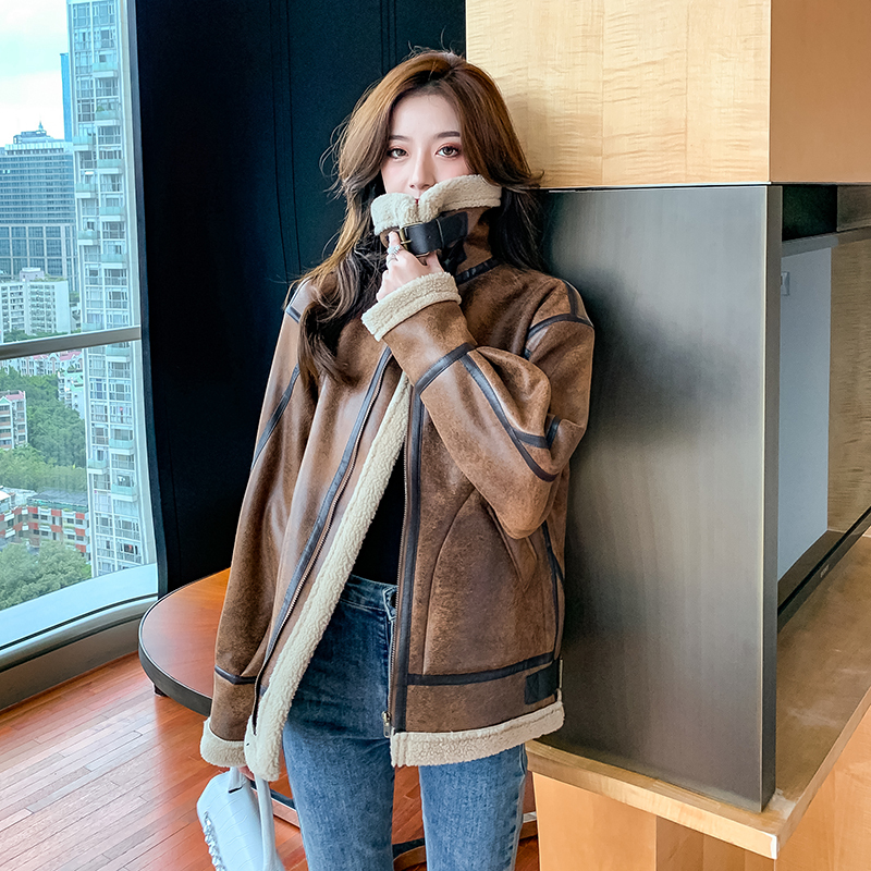 Lamb Wool Coat for Women, Winter Thickened Biker Jacket, Loose Stand-Up Collar, Leather and Fur Integrated, High-End Jacket Top