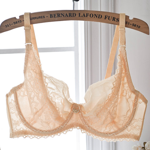 Lace underwear ultra-thin summer large size fat mm no sponge transparent big breasts show small underwear gathered with steel ring bra