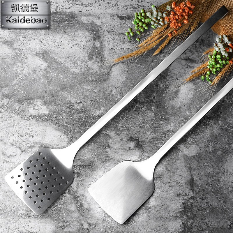 Lengthened stainless steel frying turnoff with long handle leakage shovel fish steak pork chop saute sautzione with large flat shovel batter batter pancake cookware