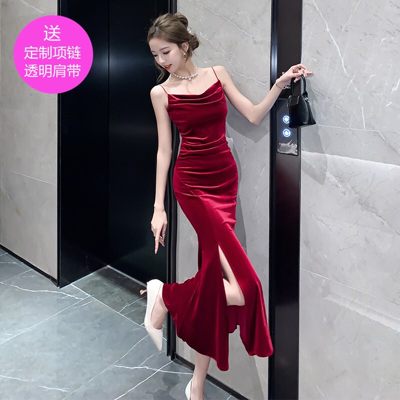Red Velvet Suspender Dress Women's Formal Dress Autumn and Winter New Style Elegant Ladylike High-End Fishtail Long Dress Red Velvet Suspender Dress Women's Formal Dress Autumn and Winter New Style Elegant Ladylike High-End Fishtail Long Dress