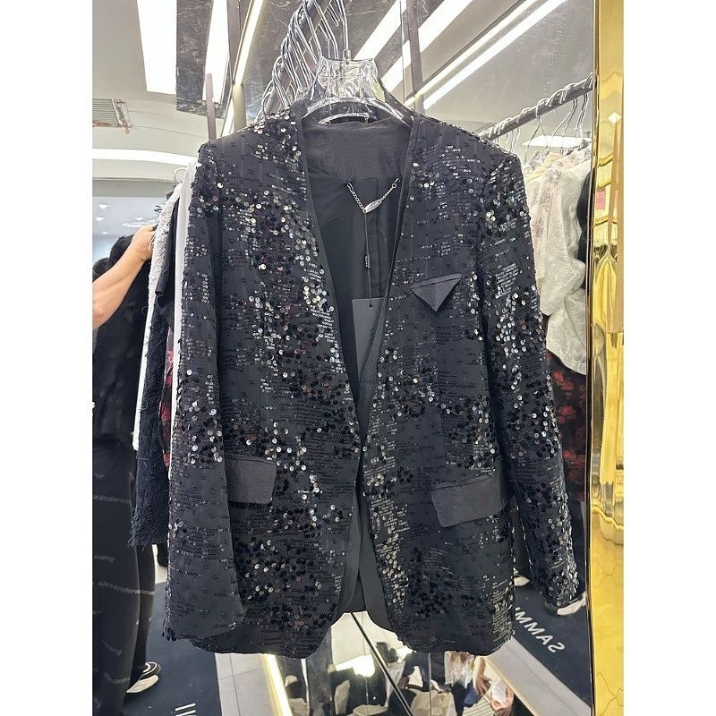 2026 Spring/Summer New Arrival: High-End V-Neck Elegant Socialite Sequin Jacket for Women, Mid-Length Sparkling Top, Fashionable and Trendy