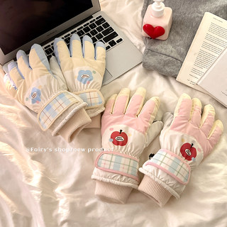 可爱苹果滑雪手套冬季女士可触屏加绒加厚防寒电动车骑行保暖手套
