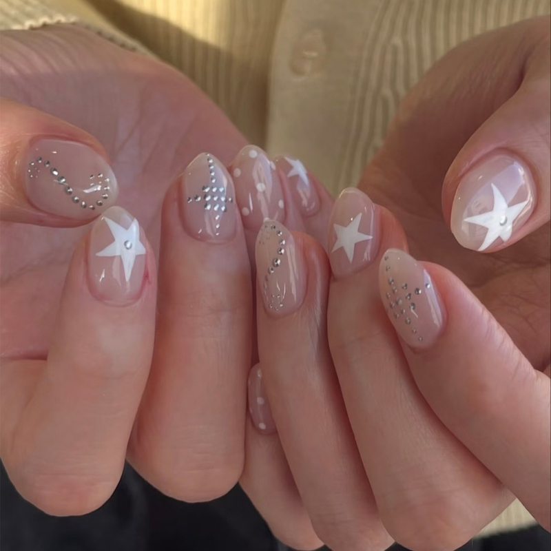 【Qinghe】Handmade Nude Star Nail Art Finished Product, Gentle Korean Style Ins Polka Dot Short Oval Nail Stickers