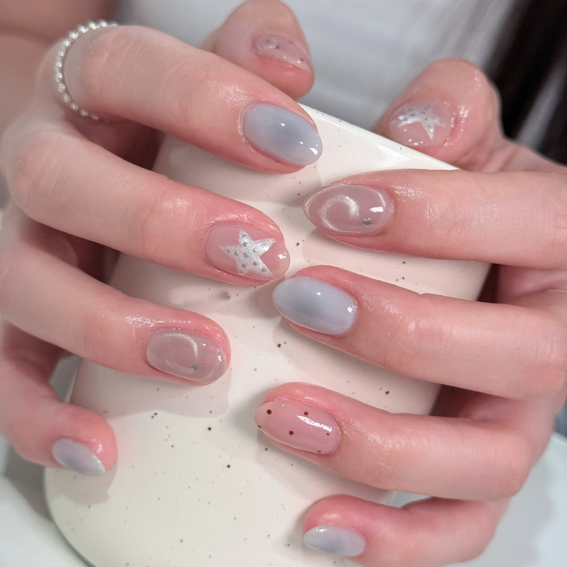 【Qinghe】Purely Handmade Korean-Style Blue Short Press-On Nails with Star and Cat Eye Design, Niche Nail Art Patches That Enhance Complexion