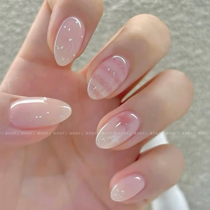 【Qinghe】Purely Handmade Nude Pink Gradient Blush Effect Wearable Nails, Plaid Oval Short Nail Stickers, Gentle 【Qinghe】Purely Handmade Nude Pink Gradient Blush Effect Wearable Nails, Plaid Oval Short Nail Stickers, Gentle
