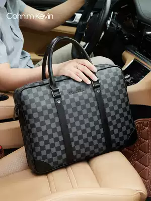 Cohnimkevin briefcase men leather light luxury business large capacity lattice computer bag Hand bag men travel