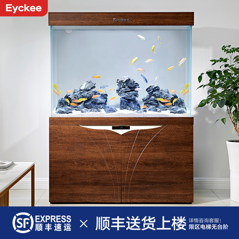 Aike cylinder without pipe fittings ultra-white glass filter living room fish tank tropical fish goldfish household aquarium against the wall
