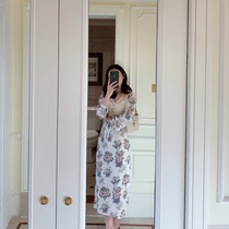 2020 new early spring French retro waist long skirt floral dress female spring and autumn Platycodon grandiflorum first love Mori dress