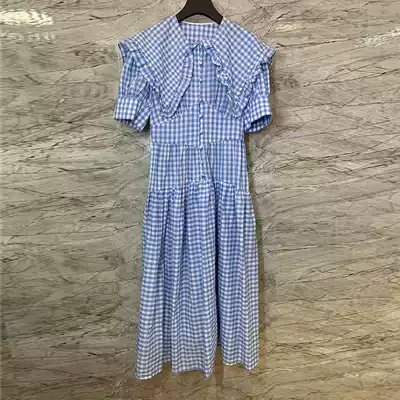 2021 summer new Hepburn style French Platycodon grandiflorum bubble sleeve plaid blue dress temperament slim long skirt