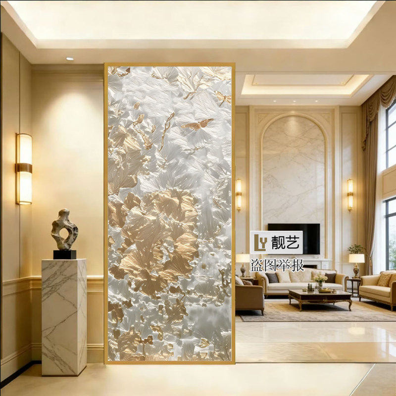 Light Luxury High-End Artistic Glass Living Room Screen Partition in European Style, Placed Opposite the Staircase, Blocking the View of the Dining Room Entrance, with a Decorative Painting
