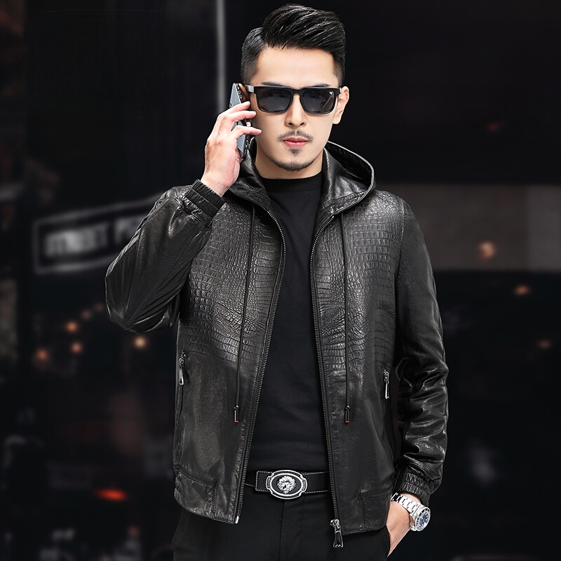 Haining Oil Wax Top-Layer Cowhide Leather Jacket with Hood, Crocodile Pattern Leather Jacket, Stylish Genuine Leather Thin Jacket for Men, Trendy Haining Oil Wax Top-Layer Cowhide Leather Jacket with Hood, Crocodile Pattern Leather Jacket, Stylish Genuine Leather Thin Jacket for Men, Trendy