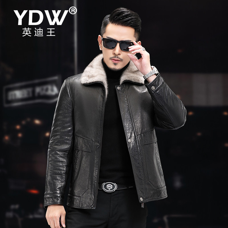 Henning genuine leather leather clothing male oil wax cow leather water mink liner whole mink turning silver Lanten dad genuine leather mink integrated winter