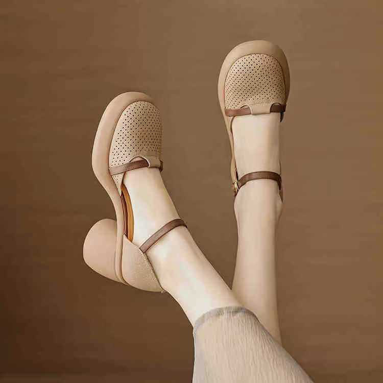 Yierkang Ultra-Soft Genuine Leather Thick-Soled Sandals with a Single Strap, Chunky Heel, Closed-Toe Design, and Hollow-Out High Heels for Women