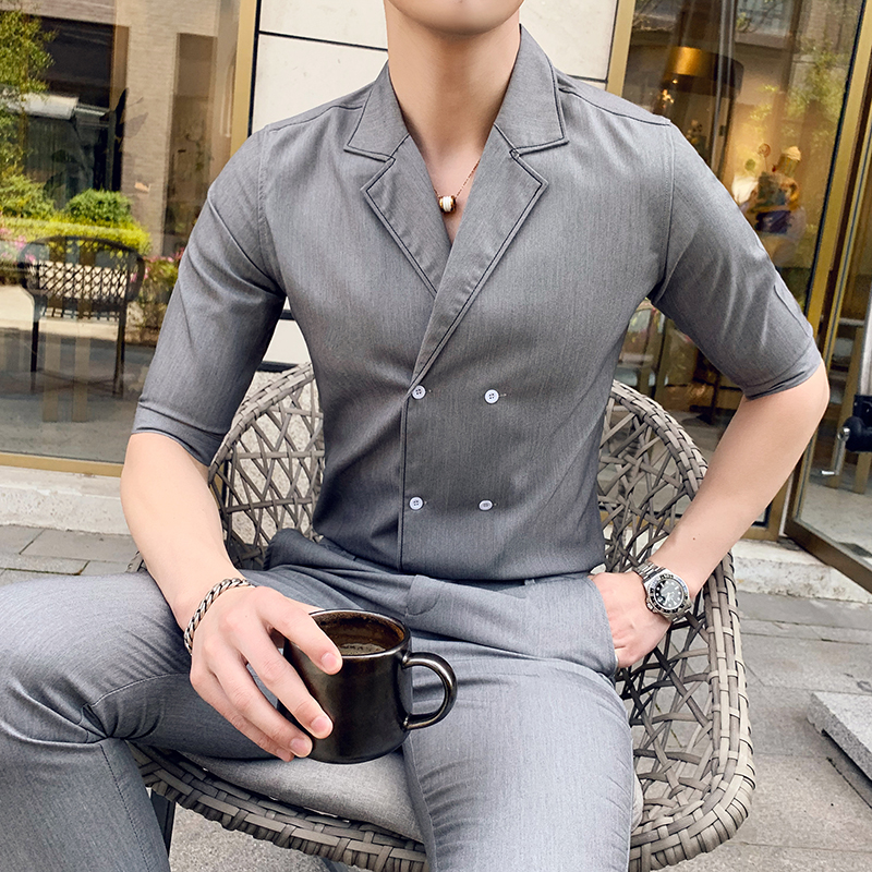 Bảy điểm tay áo người đàn ông Hàn Quốc phiên bản của xu hướng áo sơ mi tạo mẫu tóc mùa hè bộ ngắn tay mỏng mỏng đàn ông đẹp trai của