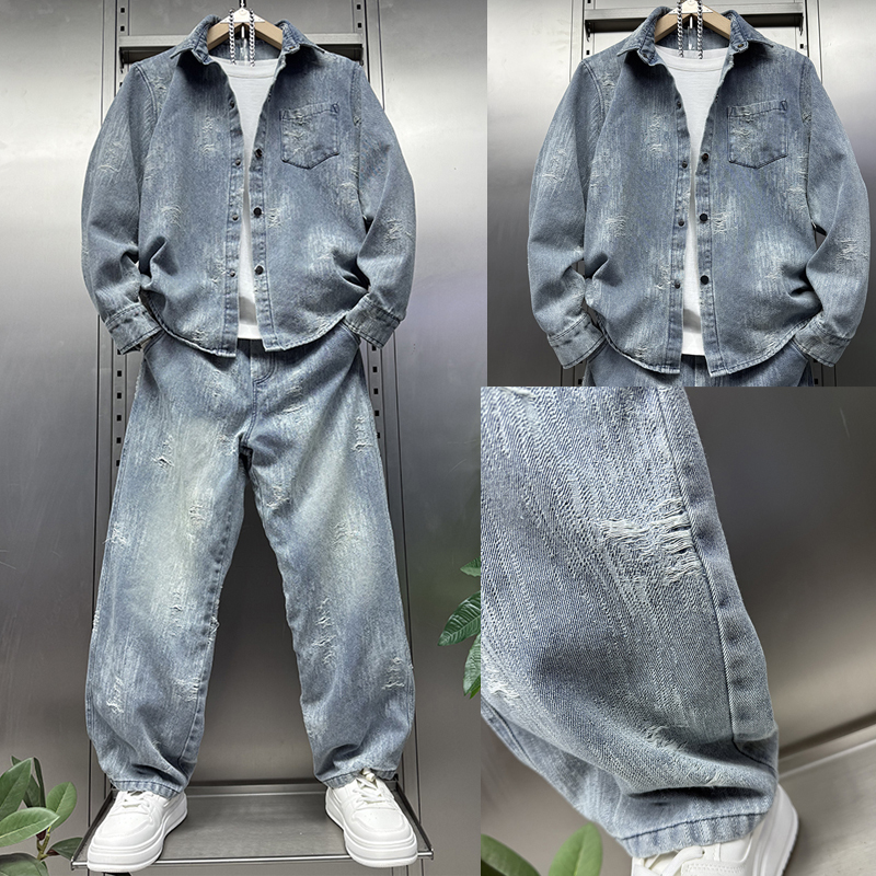 Retro Washed Denim Suit for Men, New Spring Style, Ripped Jacket and Trousers Two-Piece Set, Trendy and Stylish Sports Suit
