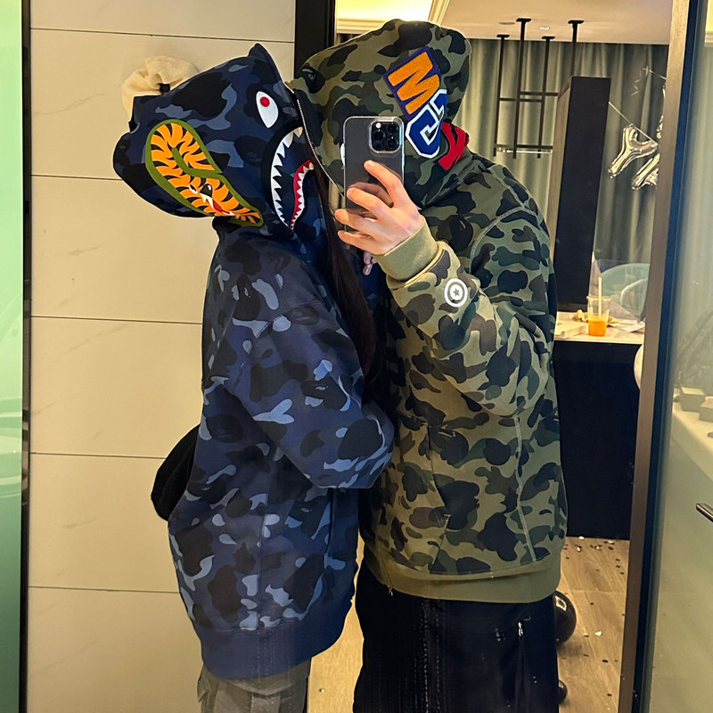 Autumn and Winter Japanese-Style Shark Camouflage Print Student Loose-Fitting Men's and Women's Couple Hooded Zip-Up Jacket Sweatshirt