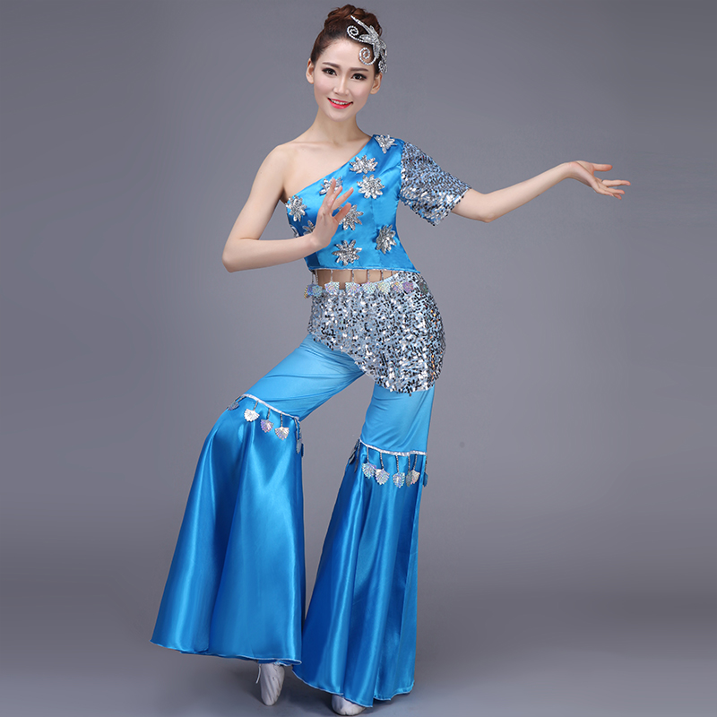 Thai folk dance costume Dai dance costume One shoulder sequin stretch flared pants two-piece performance suit