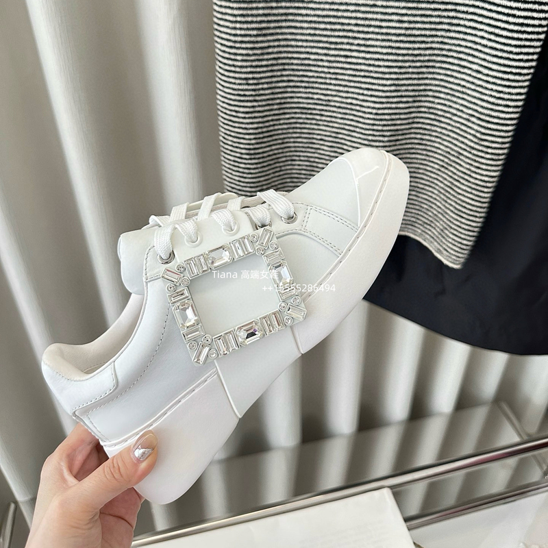 Top Version! Super Sweet on the Feet~ New Style Rhinestone Square Buckle Thick-Soled Height-Increasing White Sneakers Lace-Up Sports Casual Shoes for Women