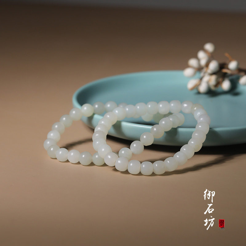 (micro-flawless) Shifang Shifang Xinjiang and Tian Yuseed stock white jade sprinkled gold leather 7 * 8mm old type barrel pearl round pearl handstring