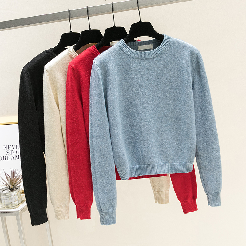 2026 Short Thick Sweater Solid Color Round Neck Loose Base Shirt College Style Pullover High-Waisted Women's Long-Sleeve Top