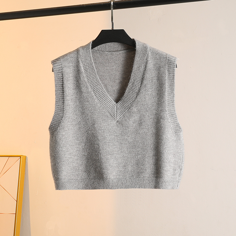 College Style Gray Vest for Petite Figures, High-Waisted, Short, Solid Color, V-Neck, Autumn and Winter Layering Knit Cotton Vest