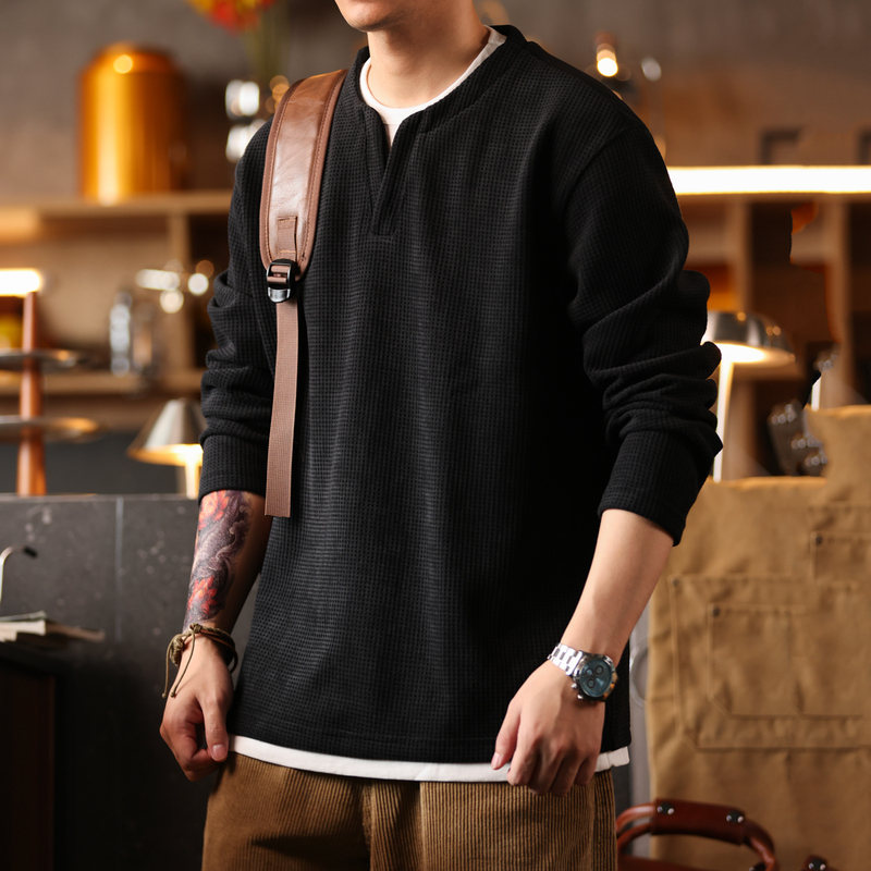 Bgyo Luqi Waffle Texture Fake Two-Piece Long-Sleeve T-Shirt for Men 400g Heavyweight Vintage Henry V-Neck Sweatshirt Bgyo Luqi Waffle Texture Fake Two-Piece Long-Sleeve T-Shirt for Men 400g Heavyweight Vintage Henry V-Neck Sweatshirt
