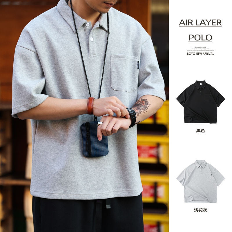 Bgyo Luqi American Style 340g Heavy Pique Cotton Short-Sleeve Polo Shirt for Men with Loose Pocket Design and Turn-Down Collar Tee Bgyo Luqi American Style 340g Heavy Pique Cotton Short-Sleeve Polo Shirt for Men with Loose Pocket Design and Turn-Down Collar Tee
