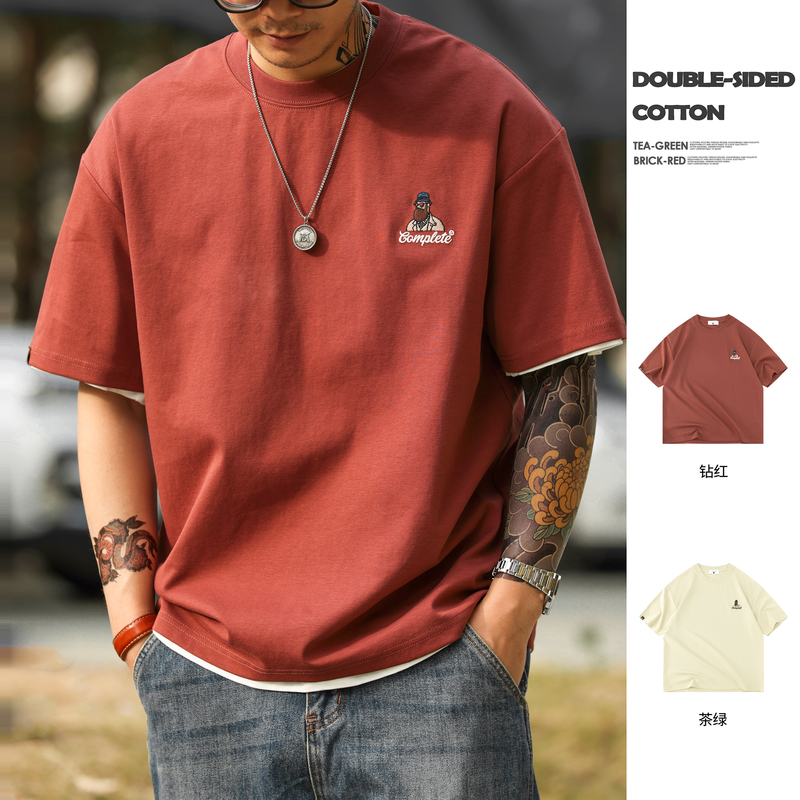 Bgyo Luqi American Casual Fun Embroidered Short-Sleeved T-Shirt for Men 210g Double-Sided Cotton Ancora Red Base Shirt