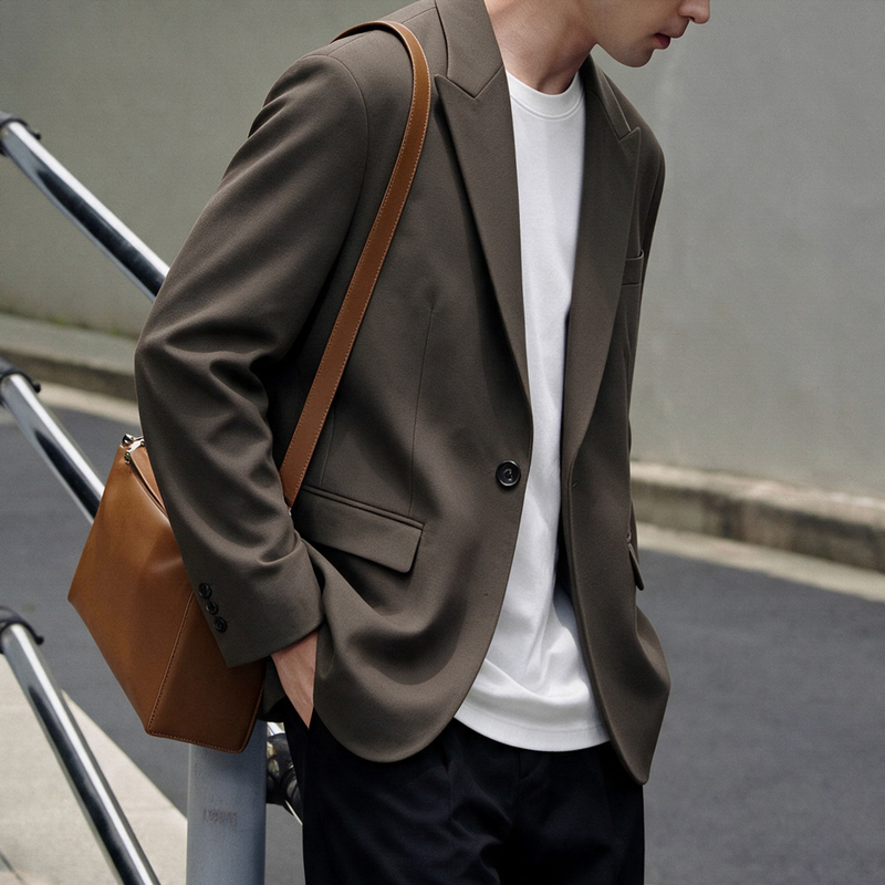 Bgyo Luqi【Mu Heilan Dao】Casual Retro Waffle Shoulder-Padded Blazer with Notched Lapel Casual Single-Breasted Jacket
