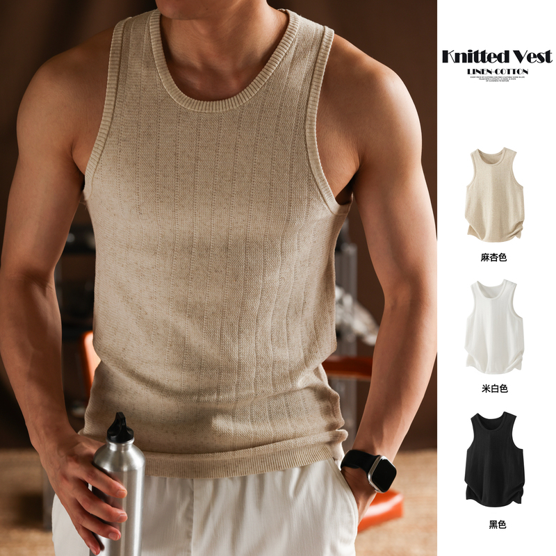 Bgyo Luqi Tencel Linen Tank Top for Men, American Casual Style, Textured, Sporty, Breathable, Sleeveless Fitness T-Shirt