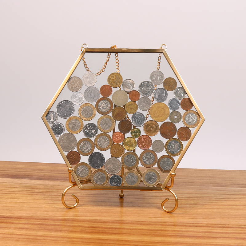Hexagonal Coin Display Frame, New Home Living Room Entrance Decoration, Wine Cabinet Soft Decoration, Transparent Glass Piggy Bank Ornament Hexagonal Coin Display Frame, New Home Living Room Entrance Decoration, Wine Cabinet Soft Decoration, Transparent Glass Piggy Bank Ornament