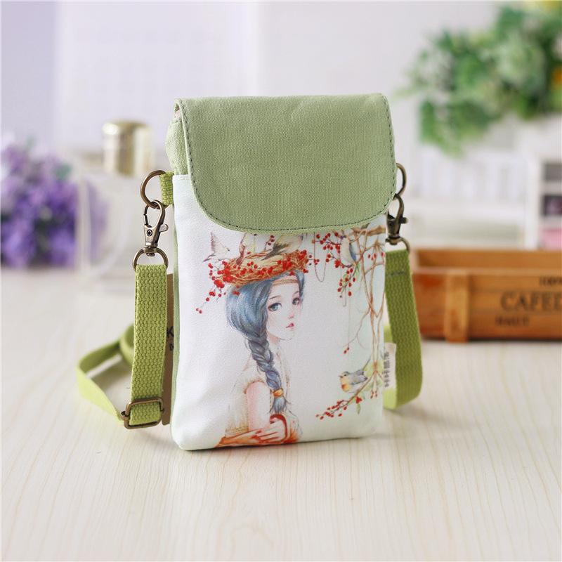 Color Printed Small Fresh Painted Korean Style Women's Bag Kaka Tribal Canvas Printed Hand-Carrying Cross-Body Mobile Phone Bag Cute Shoulder Bag