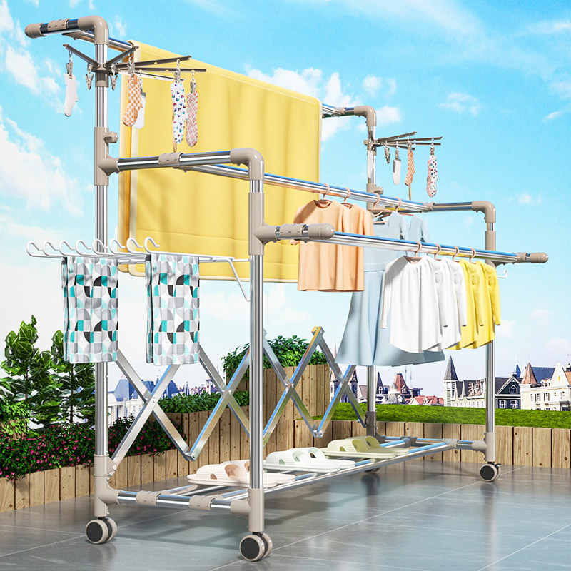 Stainless steel stretched drying rack balcony large lift and drying rod to fold the drying frame indoor and outdoor cool frame
