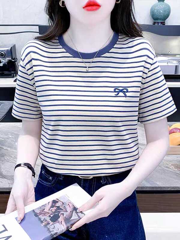 Korean Pure Cotton Short-Sleeve T-Shirt for Women, New Summer Fashion Striped Tee, Versatile Loose Embroidered Regular Shoulder Top