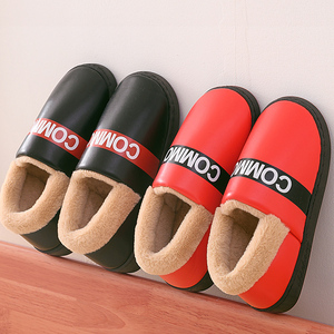 PU皮棉拖鞋女包跟厚底冬