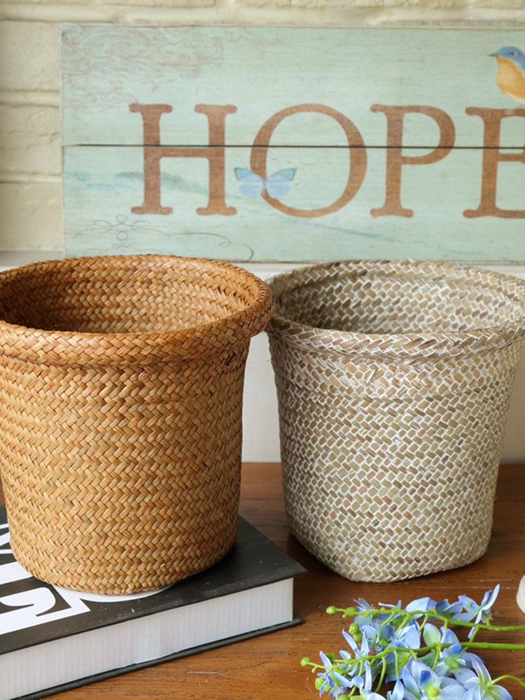 Grass woven flower bucket flower pot flower basket flower device natural handicraft woven storage basket snack induction desktop decoration decoration