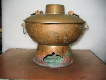 Collection of props old copper and tin hot pot-